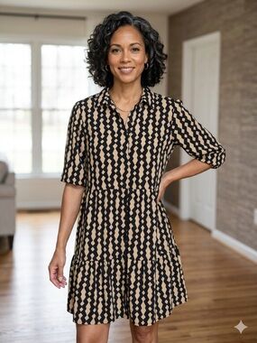 Tiered Shirtdress in Black and Tan
